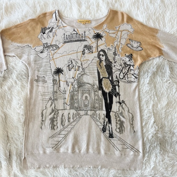 Mesh+Lace Graphic Long Sleeve Top with India Theme with Rhinestones - Picture 3 of 9